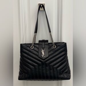 VG Pre-owned YSL Black Leather Quilted Chevron Shoulder Tote w/Chain Straps, SHW